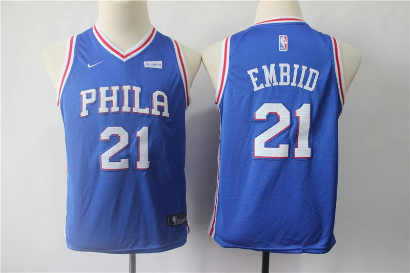 76ers 21 Joel Embiid Blue Youth Swingman Basketball Jersey