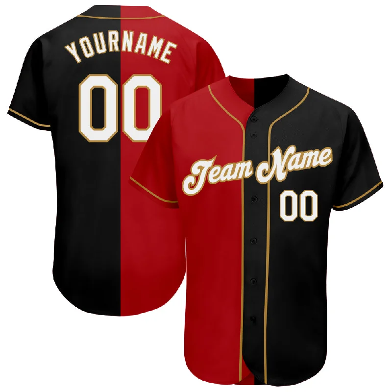 Custom Black White-Red Old Gold Authentic Split Fashion Baseball Jersey