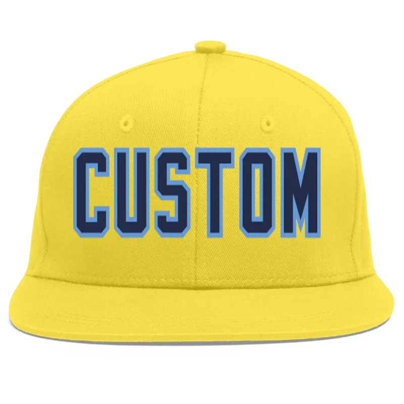 Custom Light Gold Navy-Light Blue Flat Eaves Sport Baseball Cap