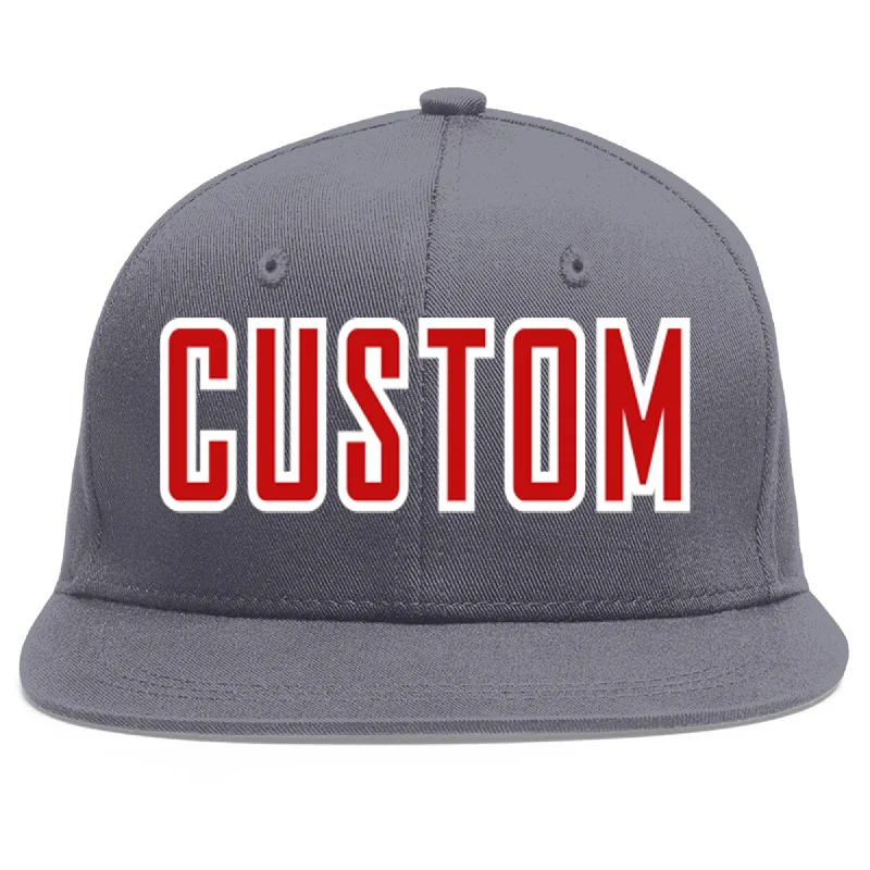 Custom Dark Gray Red-White Flat Eaves Sport Baseball Cap