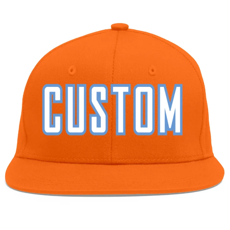 Custom Orange White-Light Blue Flat Eaves Sport Baseball Cap