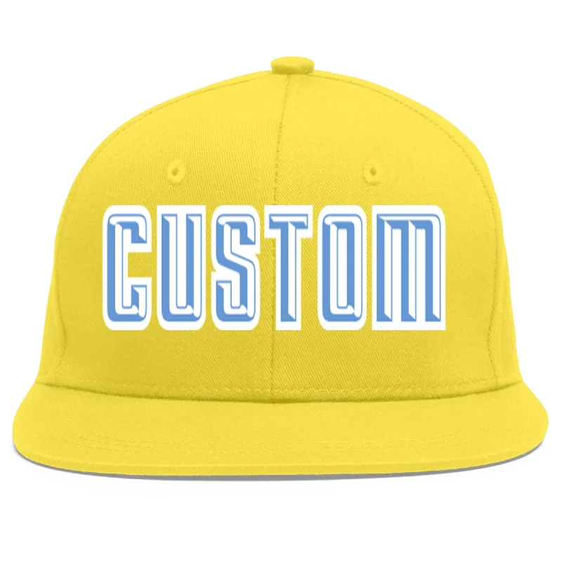 Custom Light Gold Light Blue-White Flat Eaves Sport Baseball Cap