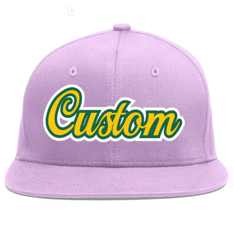 Custom Light Purple Gold-Kelly Green Flat Eaves Sport Baseball Cap