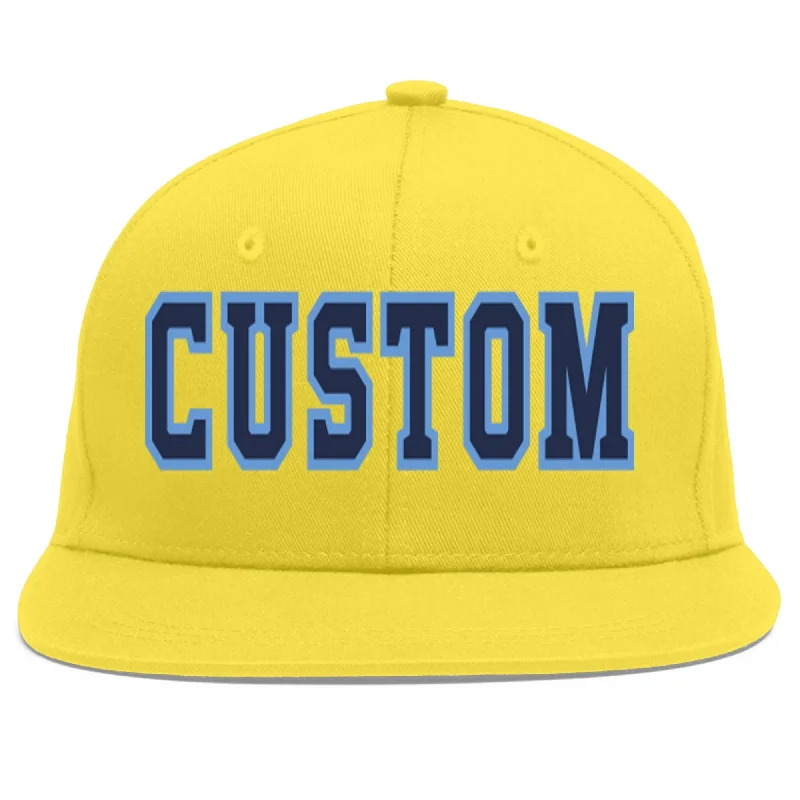 Custom Light Gold Navy-Light Blue Flat Eaves Sport Baseball Cap