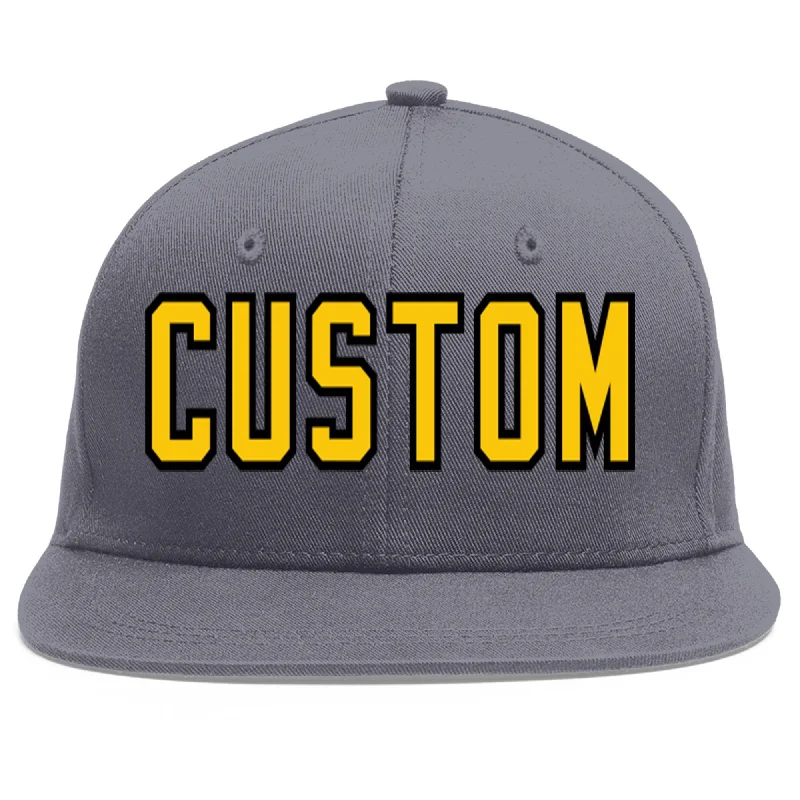 Custom Dark Gray Gold-Black Flat Eaves Sport Baseball Cap