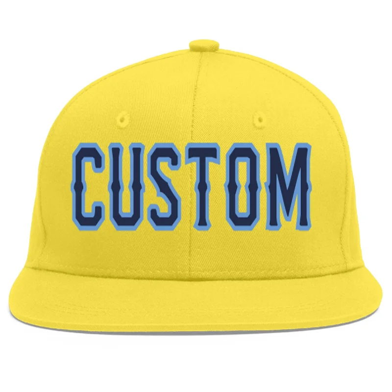 Custom Light Gold Navy-Light Blue Flat Eaves Sport Baseball Cap