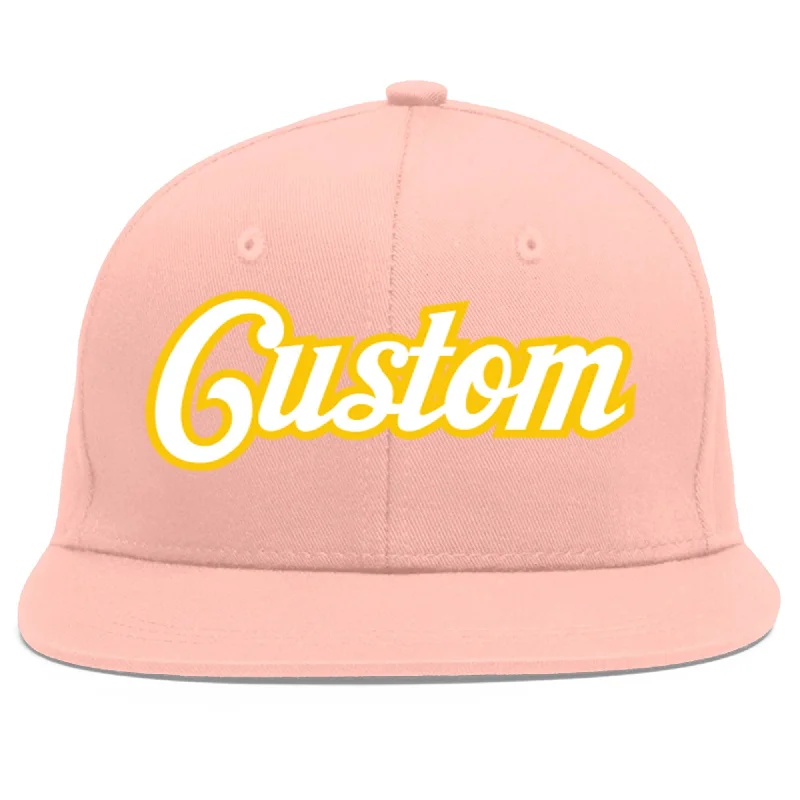 Custom Pink White-Gold Flat Eaves Sport Baseball Cap