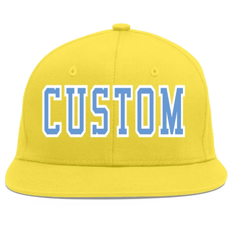 Custom Light Gold Light Blue-White Flat Eaves Sport Baseball Cap