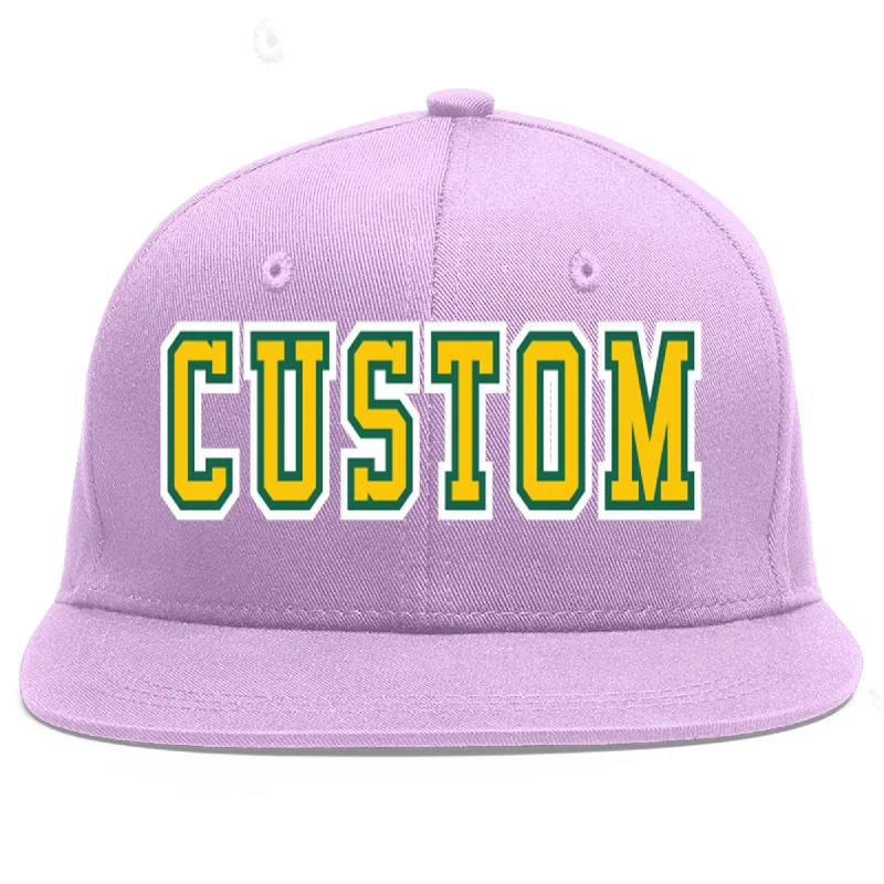 Custom Light Purple Gold-Kelly Green Flat Eaves Sport Baseball Cap