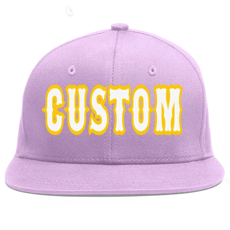 Custom Light Purple White-Gold Flat Eaves Sport Baseball Cap