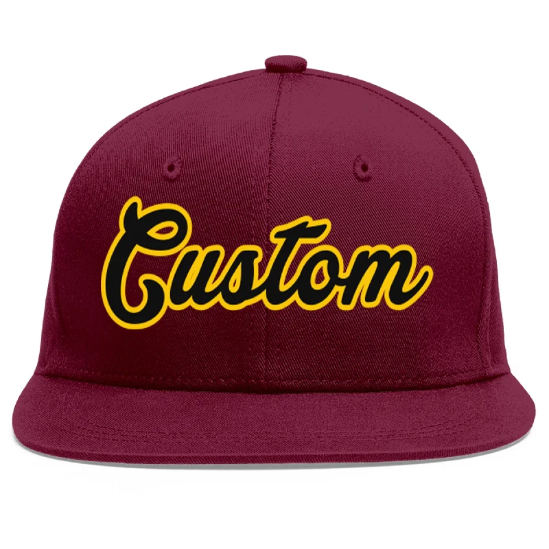 Custom Crimson Black-Gold Flat Eaves Sport Baseball Cap