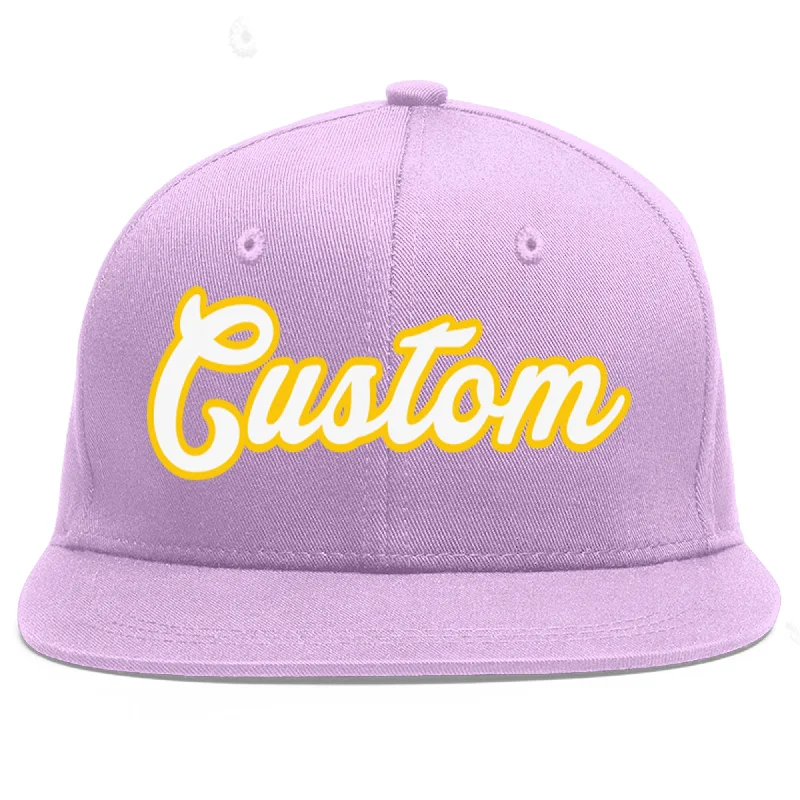 Custom Light Purple White-Gold Flat Eaves Sport Baseball Cap