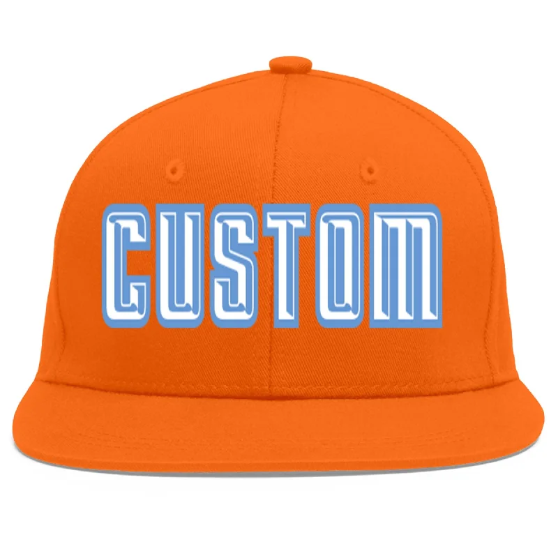 Custom Orange White-Light Blue Flat Eaves Sport Baseball Cap