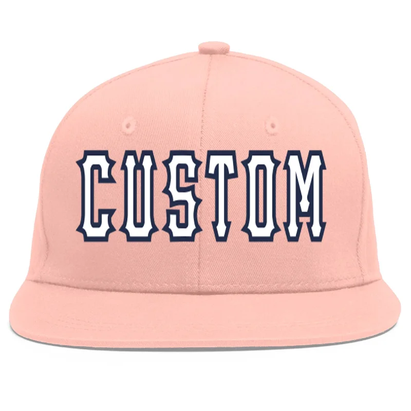 Custom Pink White-Navy Flat Eaves Sport Baseball Cap