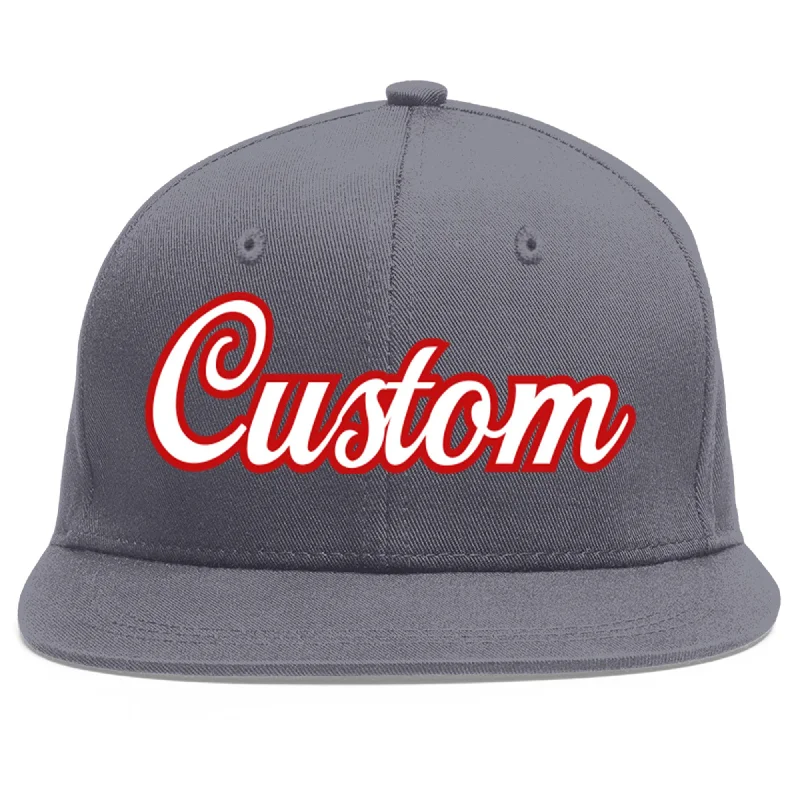 Custom Dark Gray White-Red Flat Eaves Sport Baseball Cap