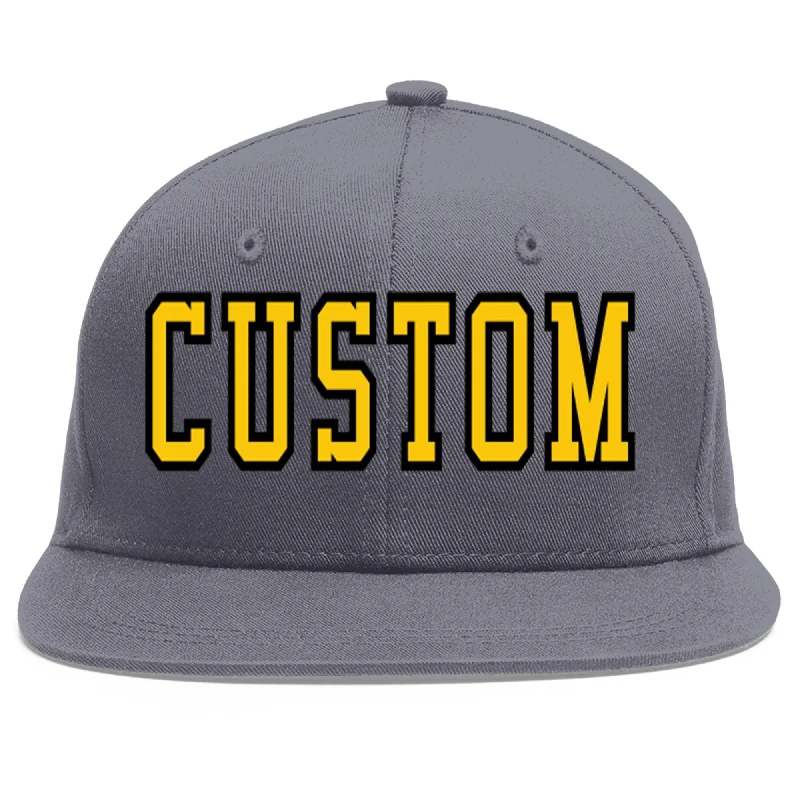 Custom Dark Gray Gold-Black Flat Eaves Sport Baseball Cap