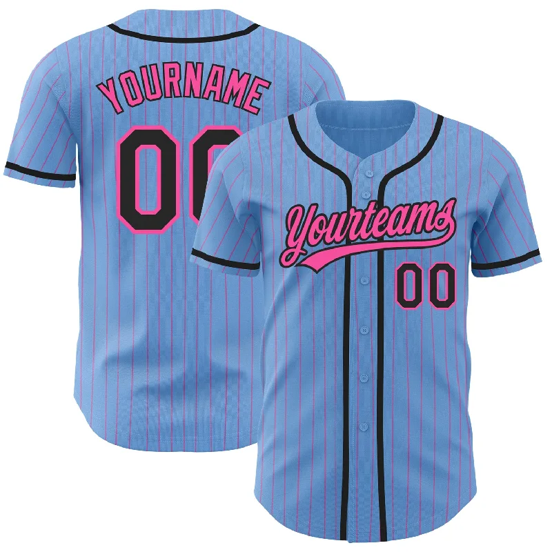 Custom Light Blue Pink Pinstripe Black Authentic Baseball Jersey