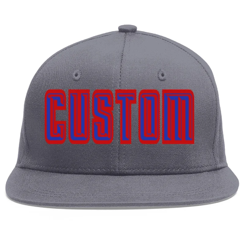 Custom Dark Gray Royal-Red Flat Eaves Sport Baseball Cap