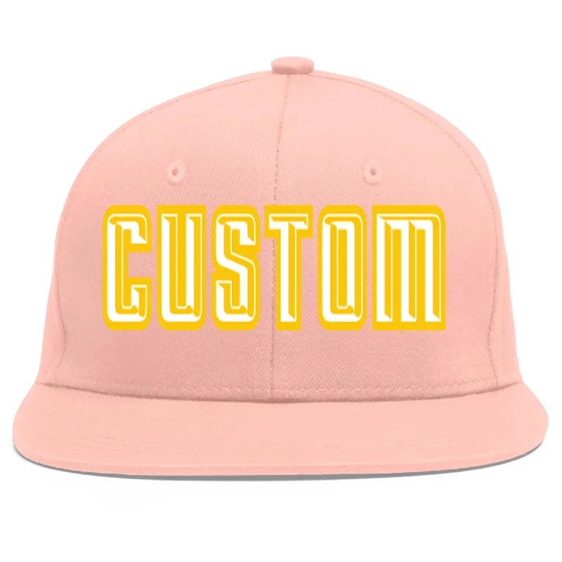 Custom Pink White-Gold Flat Eaves Sport Baseball Cap