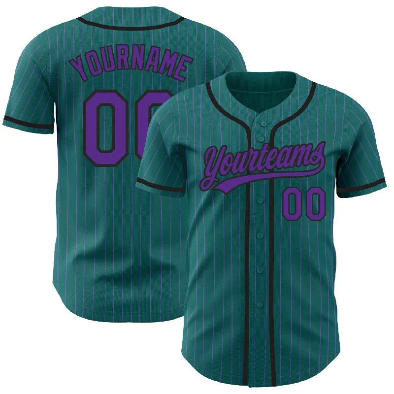 Custom Teal Purple Pinstripe Black Authentic Baseball Jersey