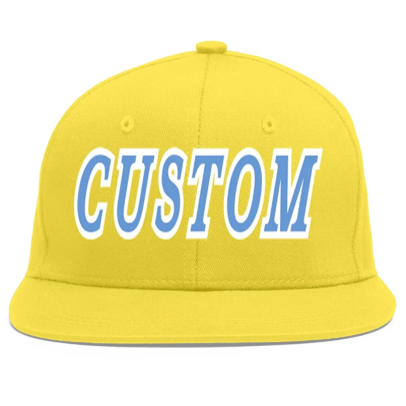 Custom Light Gold Light Blue-White Flat Eaves Sport Baseball Cap