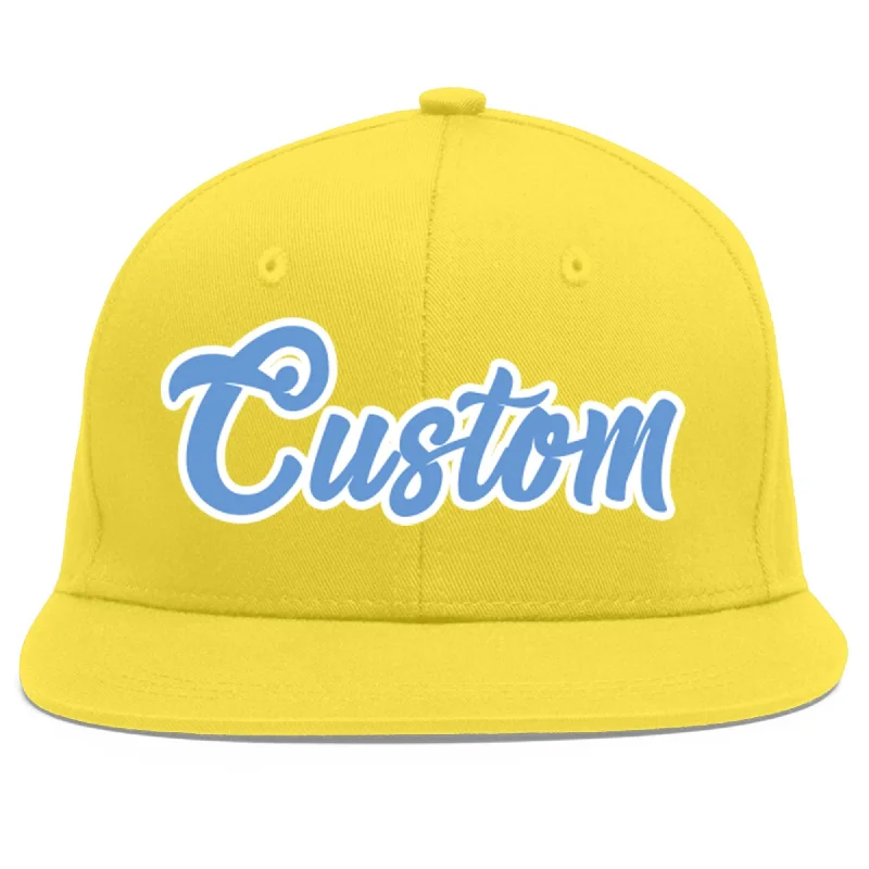 Custom Light Gold Light Blue-White Flat Eaves Sport Baseball Cap