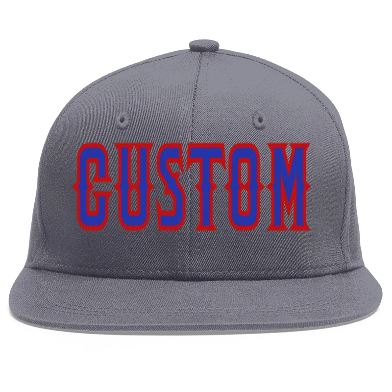 Custom Dark Gray Royal-Red Flat Eaves Sport Baseball Cap