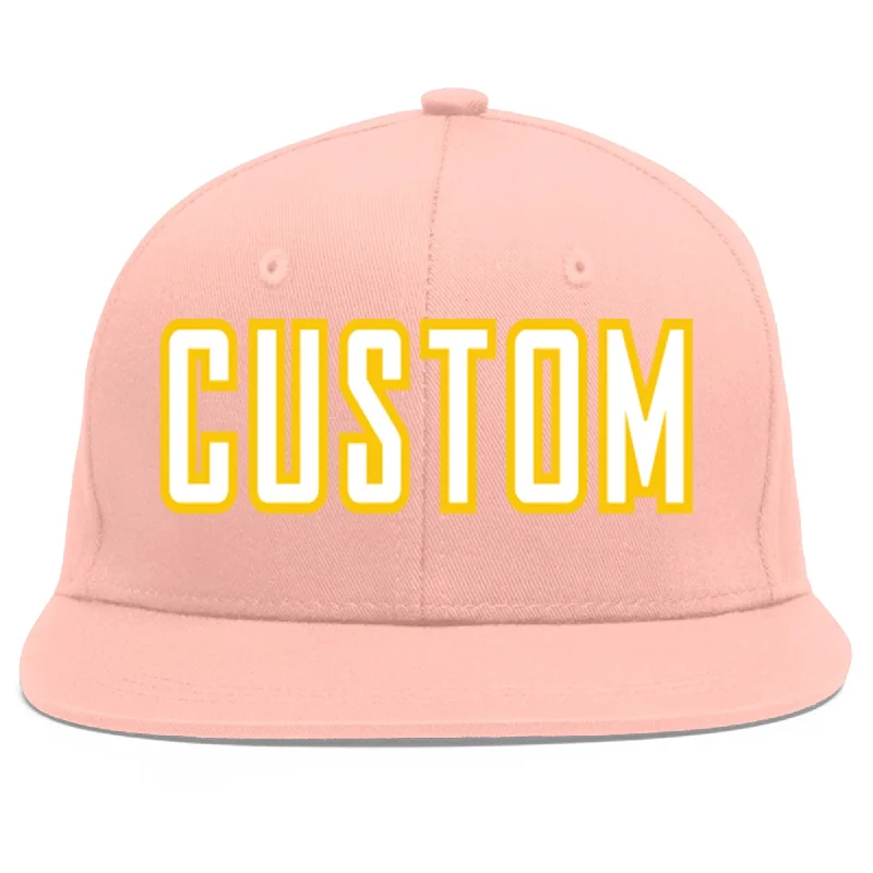 Custom Pink White-Gold Flat Eaves Sport Baseball Cap