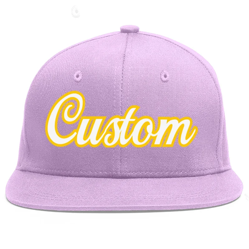 Custom Light Purple White-Gold Flat Eaves Sport Baseball Cap