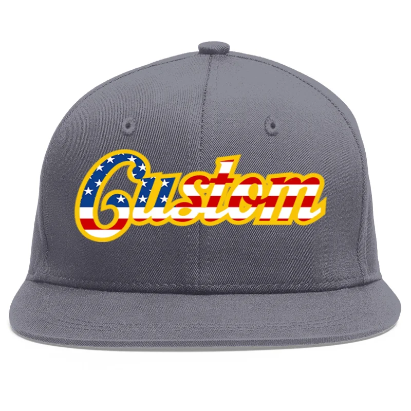 Custom Dark Gray Vintage USA Flag-Gold Flat Eaves Sport Baseball Cap