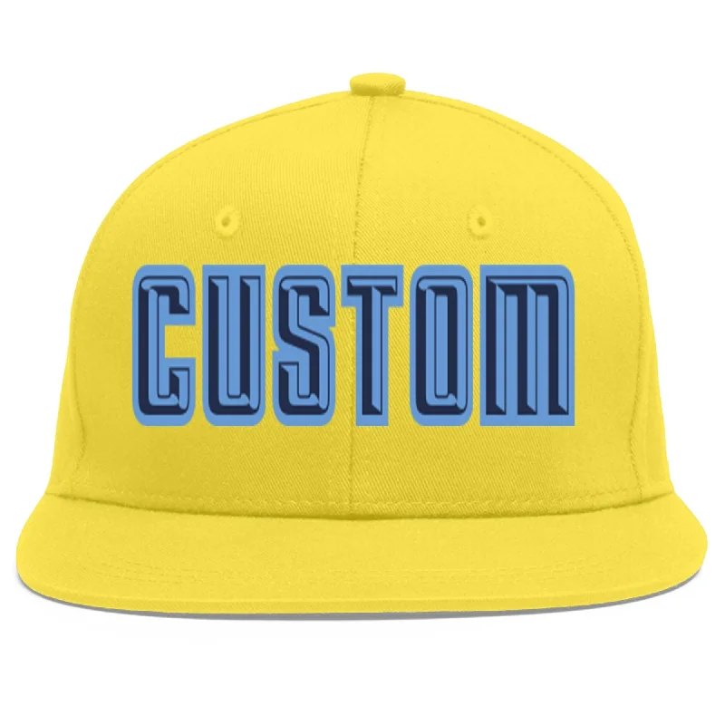 Custom Light Gold Navy-Light Blue Flat Eaves Sport Baseball Cap