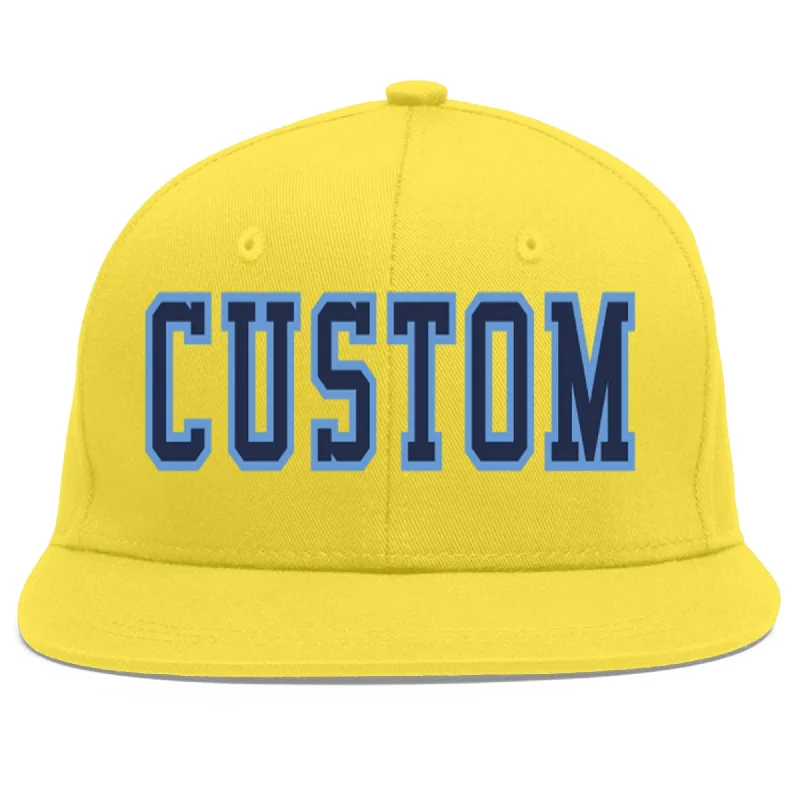 Custom Light Gold Navy-Light Blue Flat Eaves Sport Baseball Cap