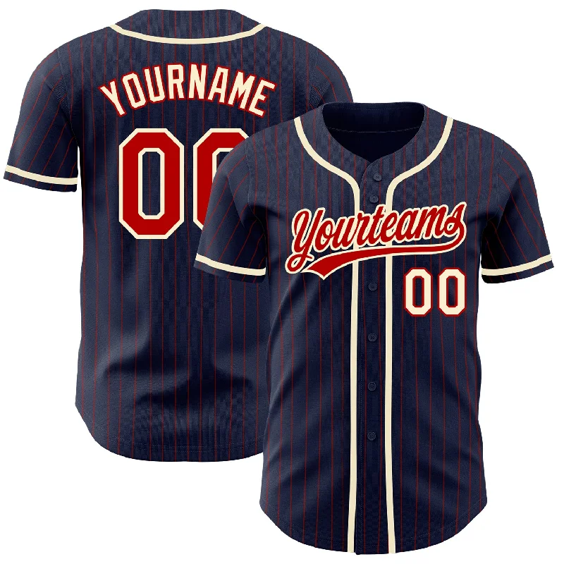 Custom Navy Red Pinstripe Cream Authentic Baseball Jersey