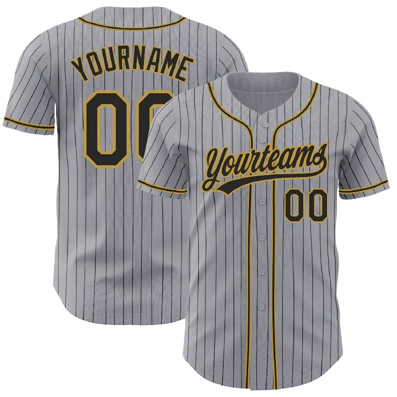 Custom Gray Black Pinstripe Black-Old Gold Authentic Baseball Jersey