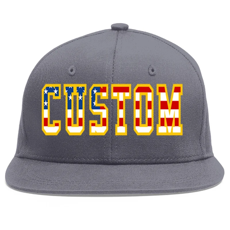 Custom Dark Gray Vintage USA Flag-Gold Flat Eaves Sport Baseball Cap