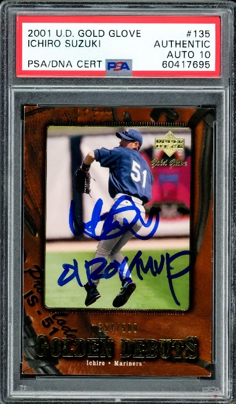 Ichiro Suzuki Autographed 2001 UD Gold Glove Rookie Card #135 Seattle Mariners Auto Grade Gem Mint 10 "01 ROY/MVP" #354/500 PSA/DNA #60417695