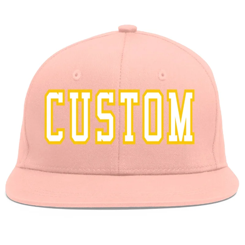 Custom Pink White-Gold Flat Eaves Sport Baseball Cap