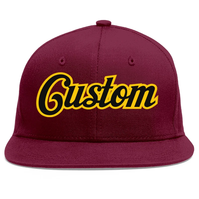 Custom Crimson Black-Gold Flat Eaves Sport Baseball Cap