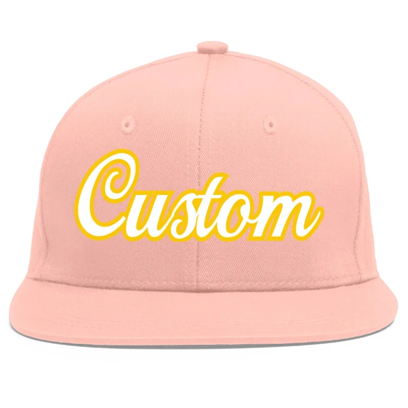 Custom Pink White-Gold Flat Eaves Sport Baseball Cap