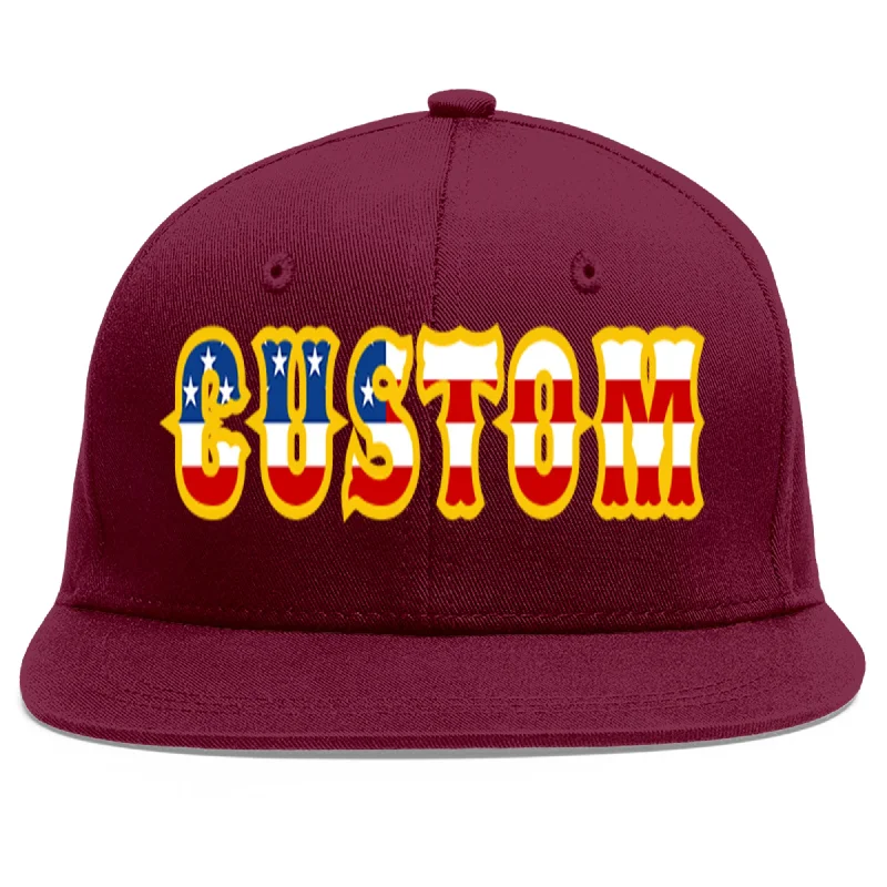 Custom Crimson Vintage USA Flag-Gold Flat Eaves Sport Baseball Cap