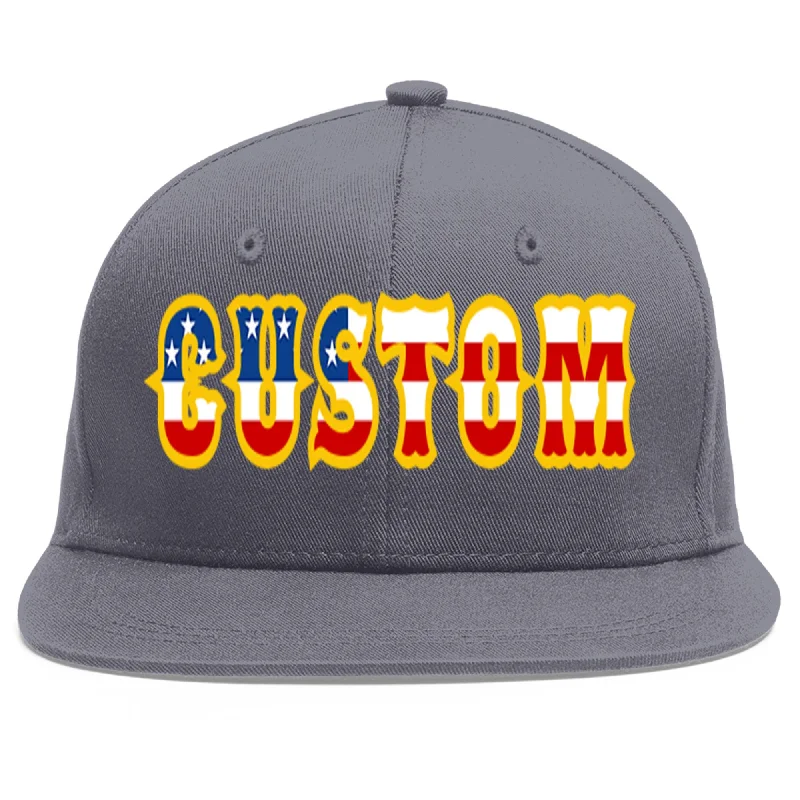 Custom Dark Gray Vintage USA Flag-Gold Flat Eaves Sport Baseball Cap