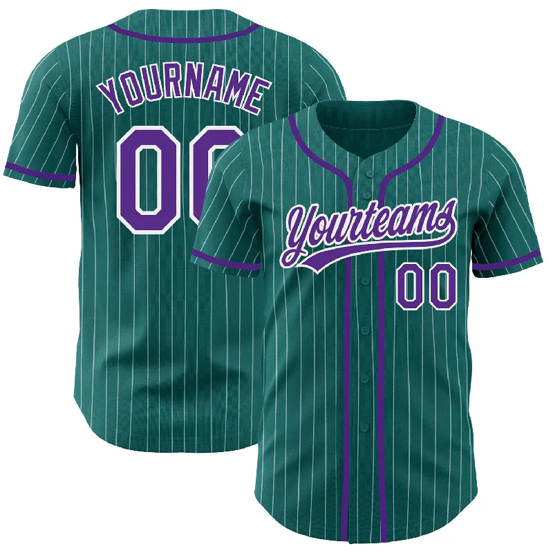 Custom Teal White Pinstripe Purple Authentic Baseball Jersey