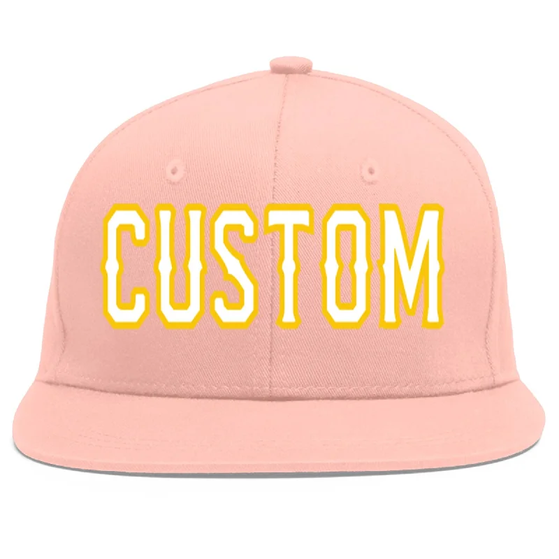 Custom Pink White-Gold Flat Eaves Sport Baseball Cap