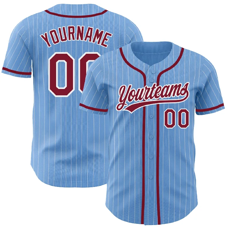 Custom Light Blue White Pinstripe Crimson Authentic Baseball Jersey