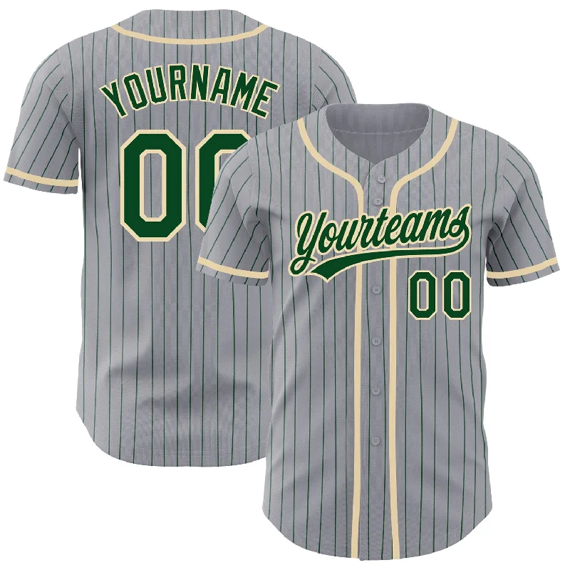 Custom Gray Green Pinstripe City Cream Authentic Baseball Jersey