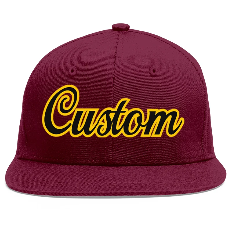 Custom Crimson Black-Gold Flat Eaves Sport Baseball Cap