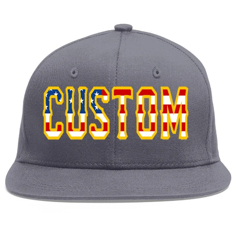 Custom Dark Gray Vintage USA Flag-Gold Flat Eaves Sport Baseball Cap