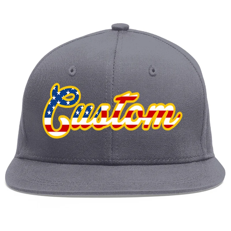 Custom Dark Gray Vintage USA Flag-Gold Flat Eaves Sport Baseball Cap