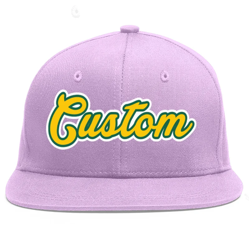 Custom Light Purple Gold-Kelly Green Flat Eaves Sport Baseball Cap