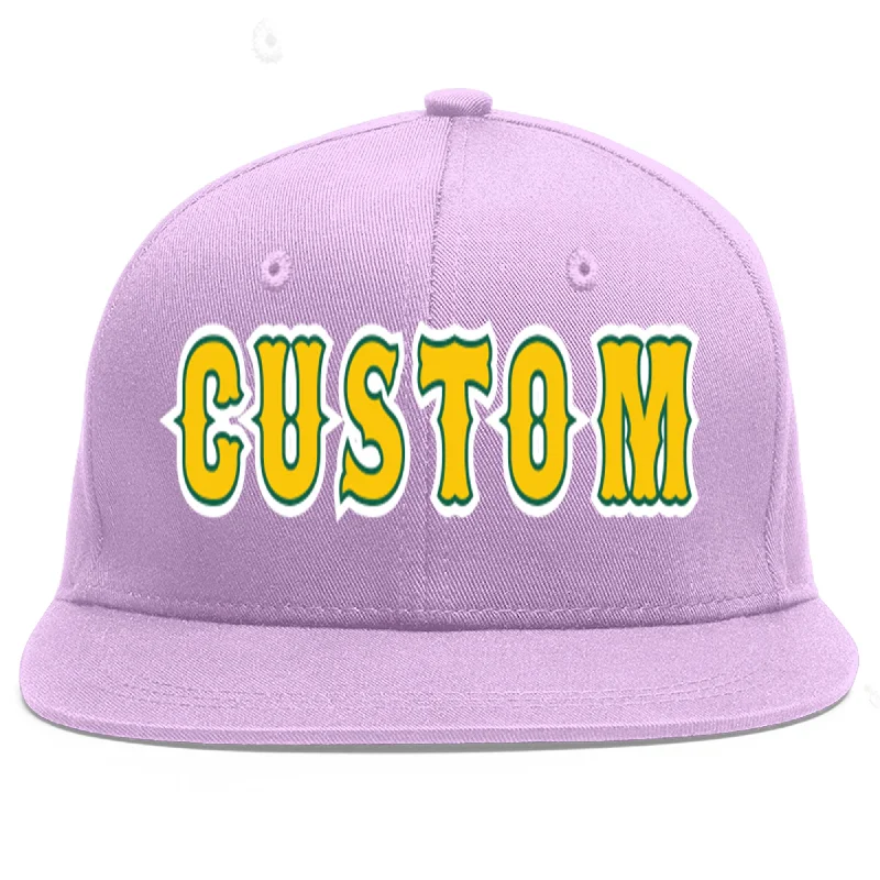 Custom Light Purple Gold-Kelly Green Flat Eaves Sport Baseball Cap